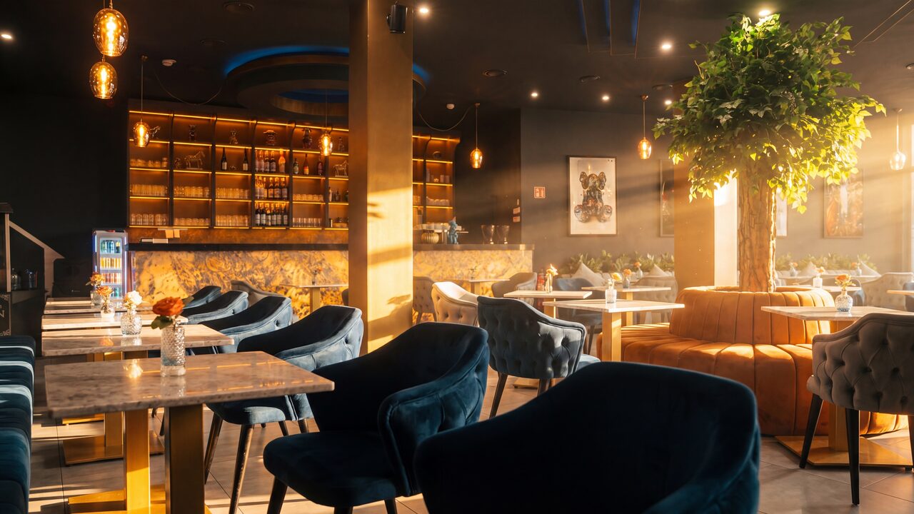 mala'me Lounge Kassel – Innenansicht mit warmer Beleuchtung und gemütlicher Atmosphäre